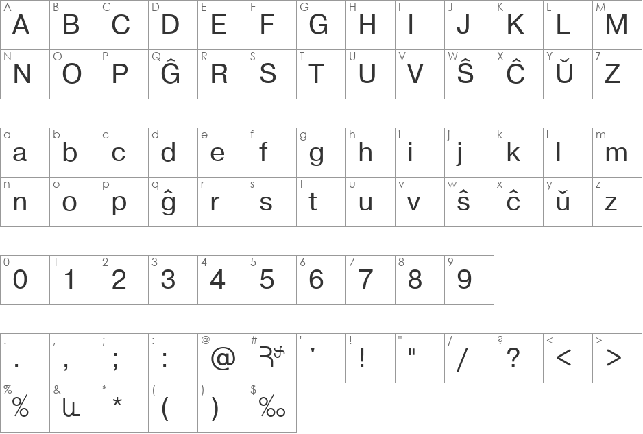 Espar Arial Alt font character map preview