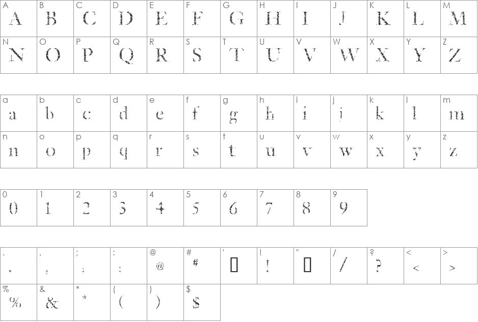 Etched font character map preview