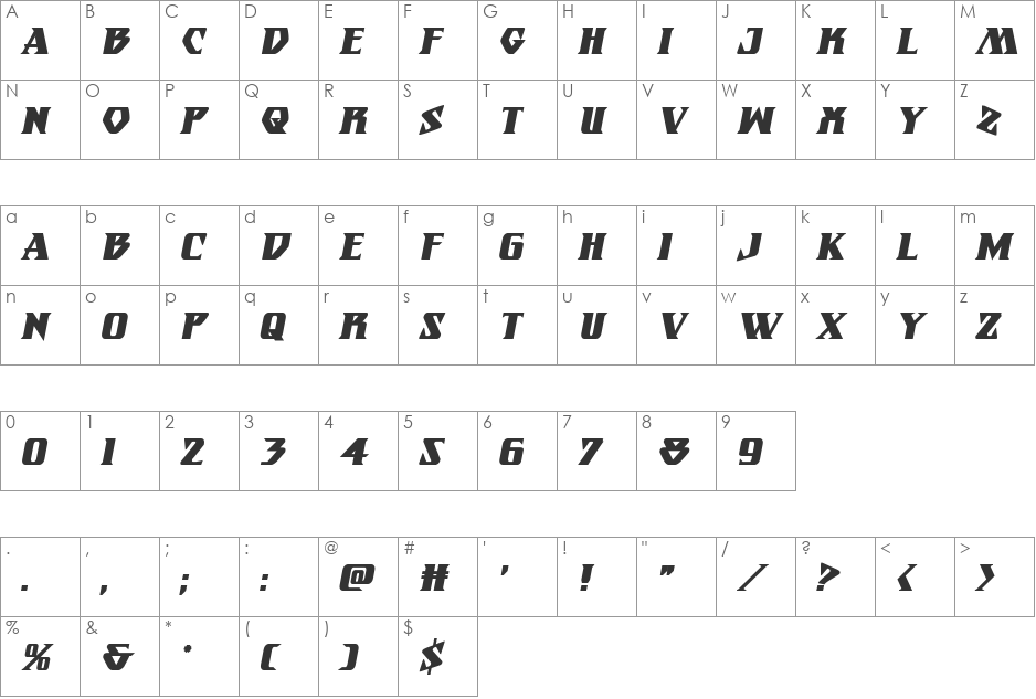 Eternal Knight Italic font character map preview