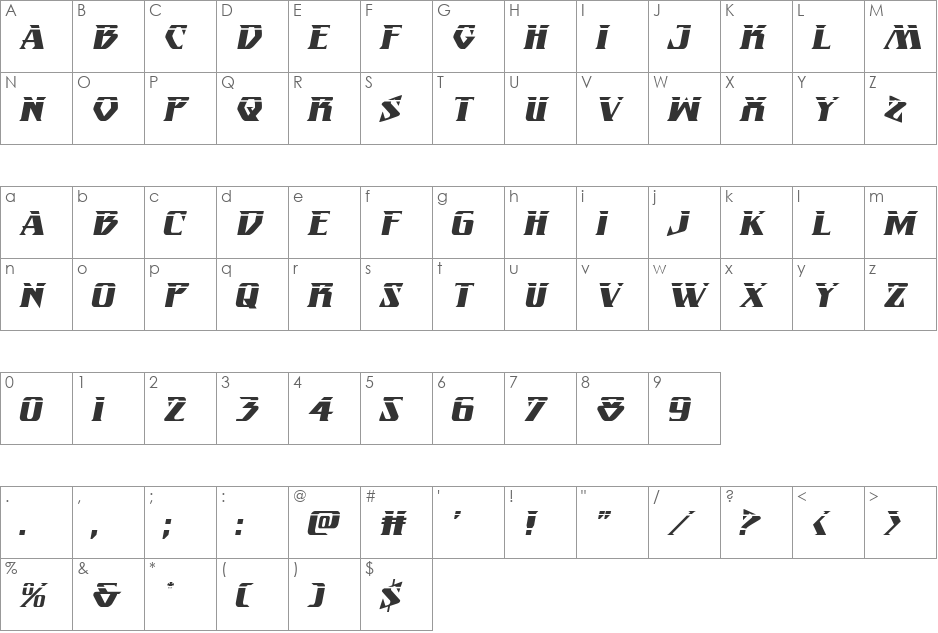 Eternal Knight Laser Italic font character map preview