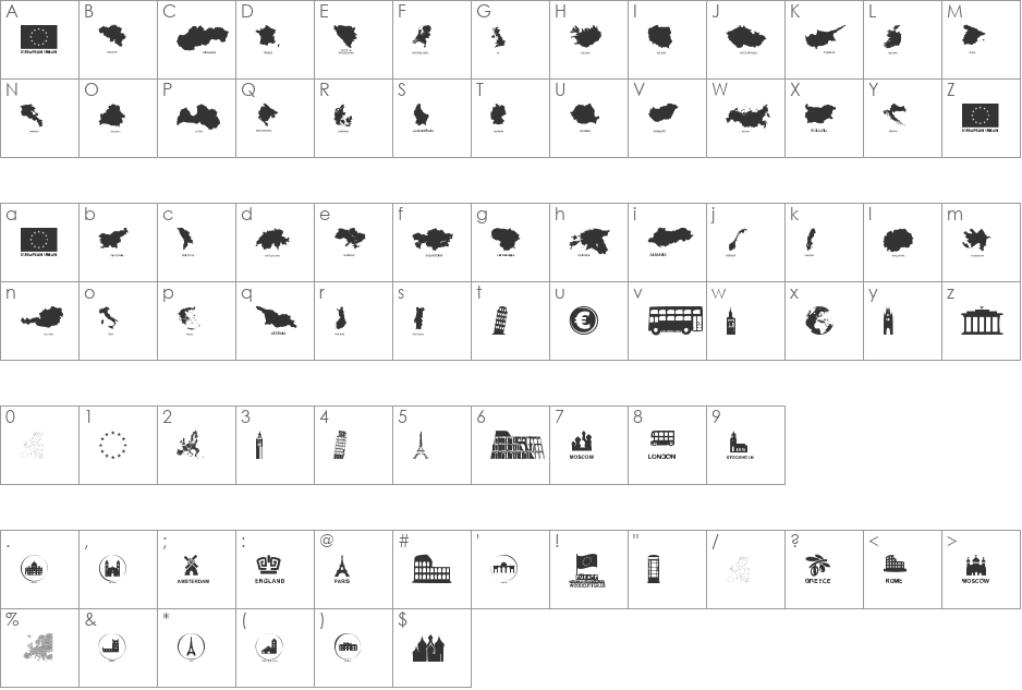Europe font character map preview