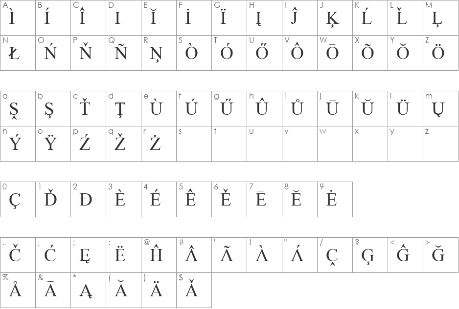 European-Serif font character map preview