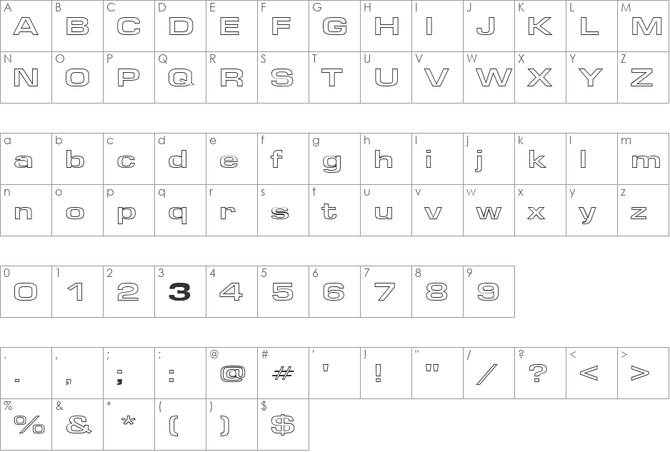 EuroseWideHollow font character map preview