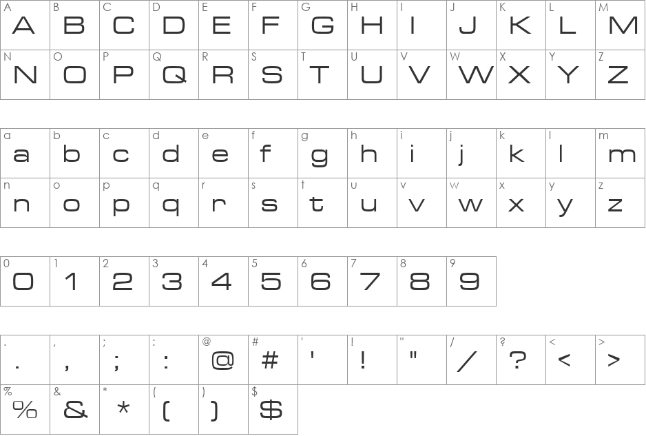 Eurostile Extended font character map preview