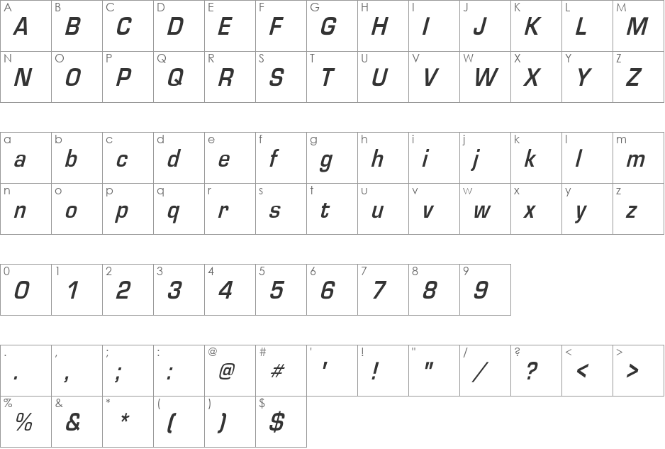 EurostileCndObl-Bold font character map preview