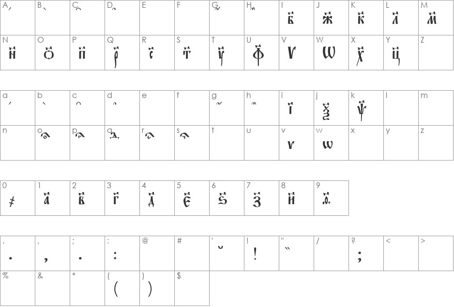 EvangelieTT font character map preview