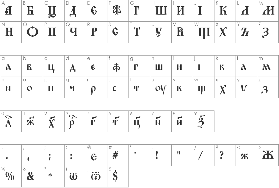 Evangelje font character map preview