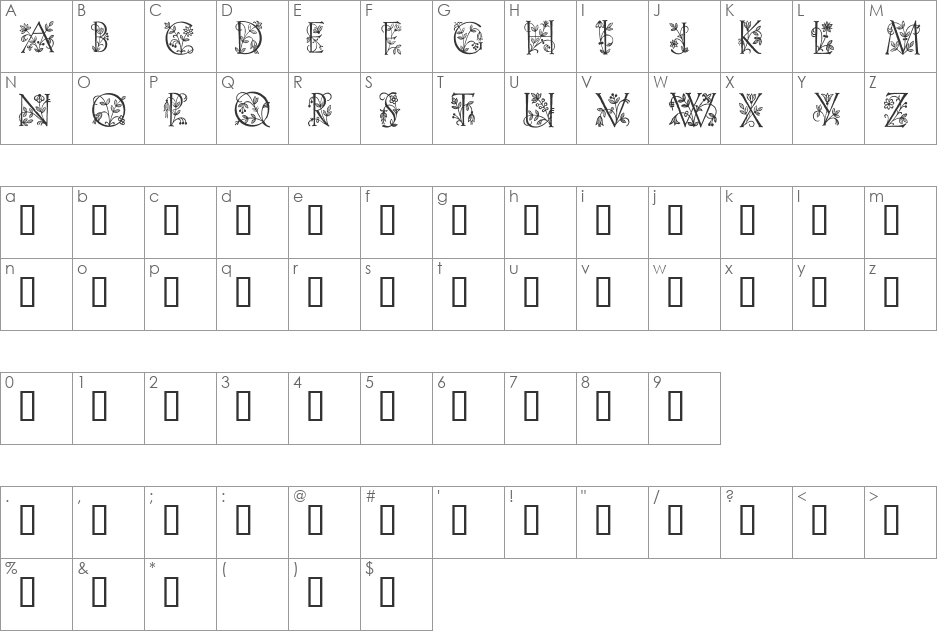 Eve Initials font character map preview