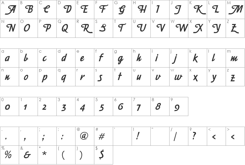 Eveningnews Fancy font character map preview