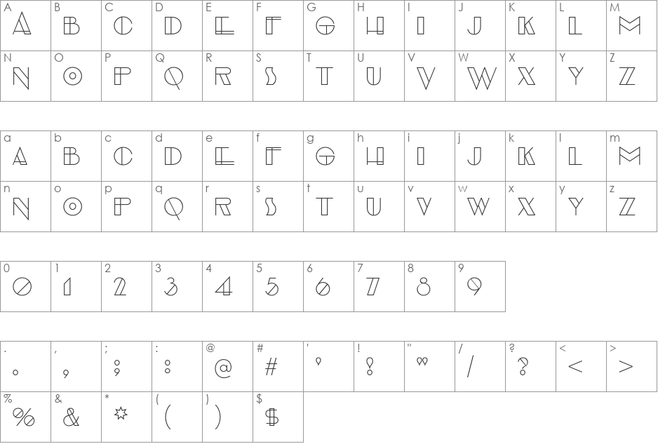 Evensong font character map preview