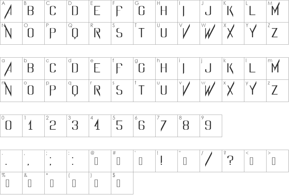 Evidence font character map preview
