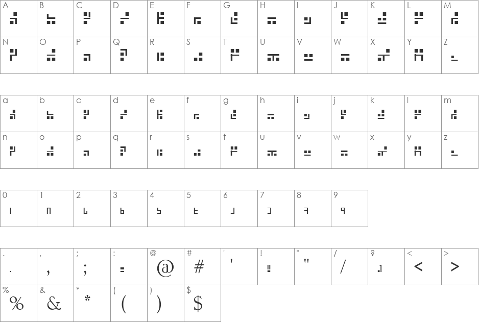 Exabic font character map preview
