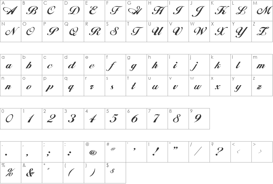 Excalibur Script font character map preview