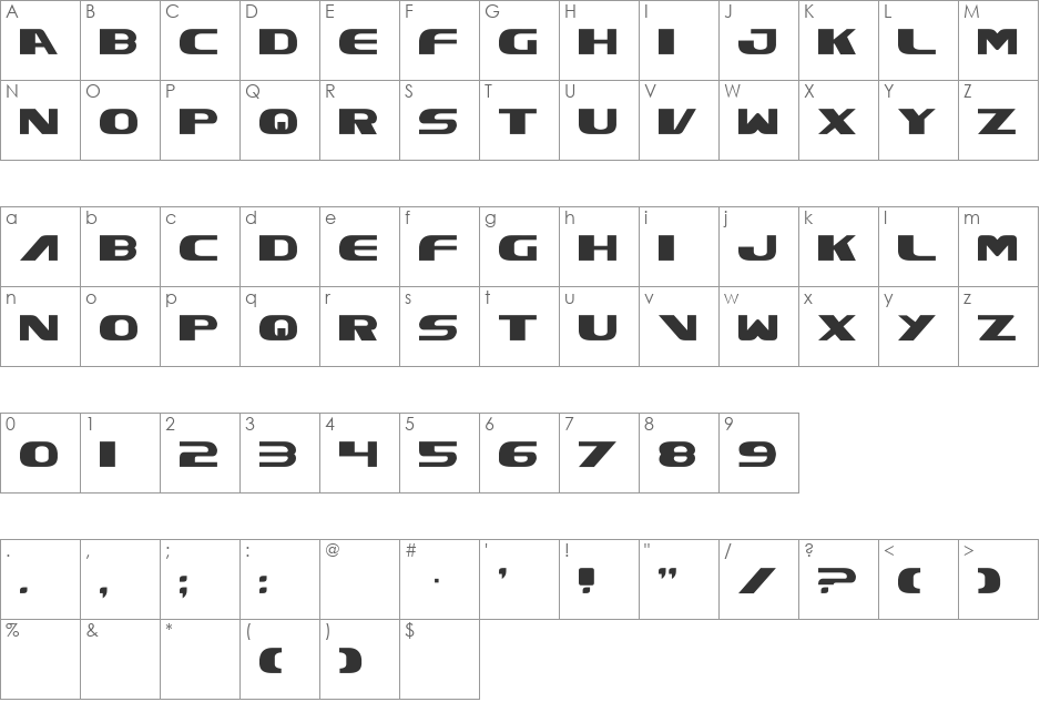 Excelsior font character map preview