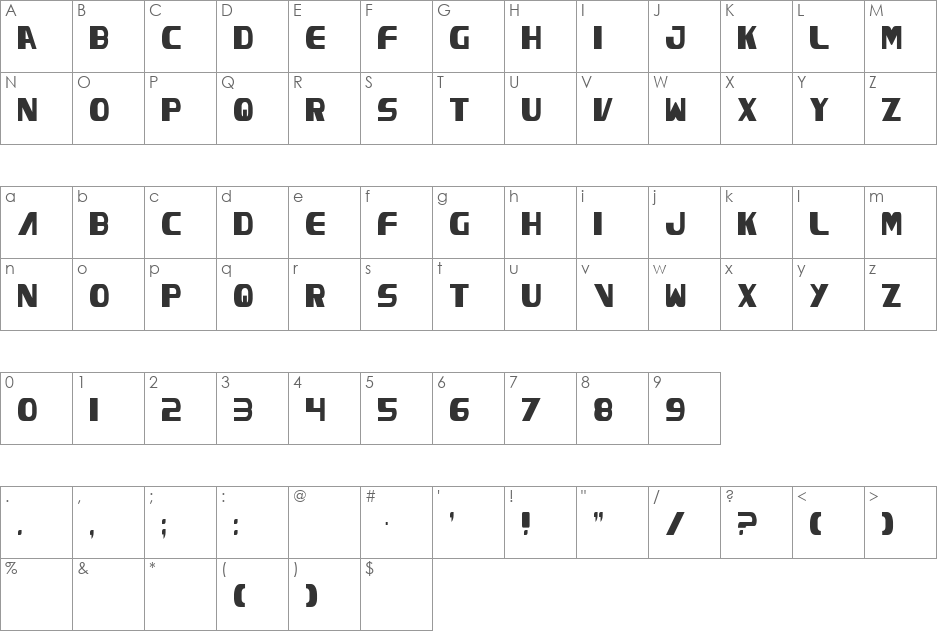 Excelsior Condensed font character map preview