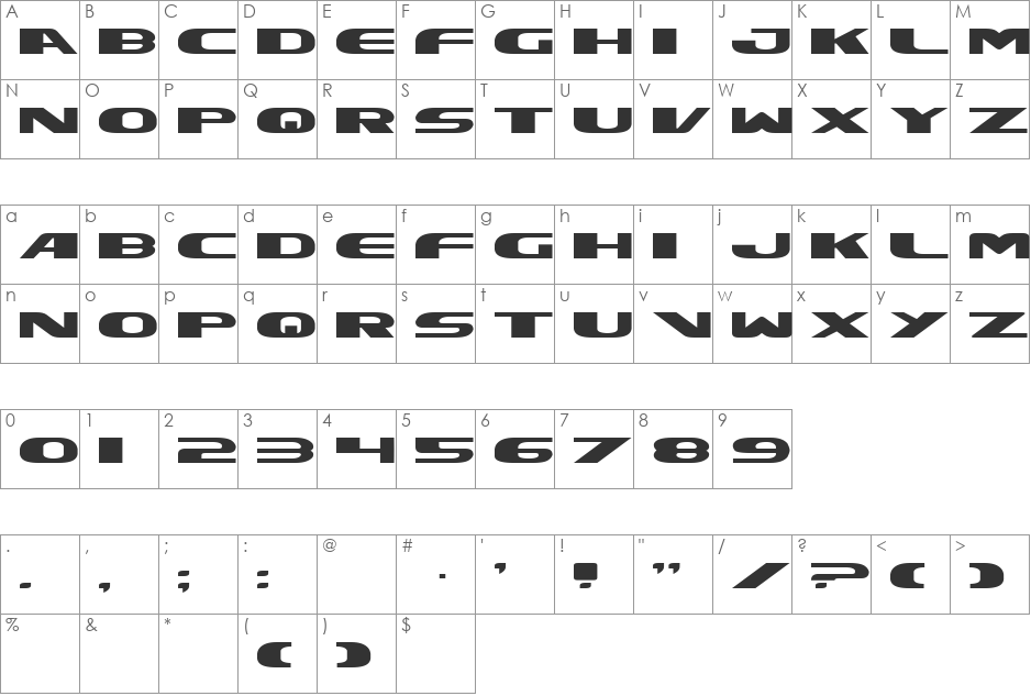 Excelsior Expanded font character map preview