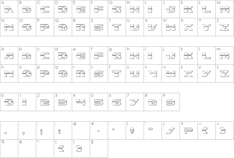 Excelsior Laser Outline font character map preview