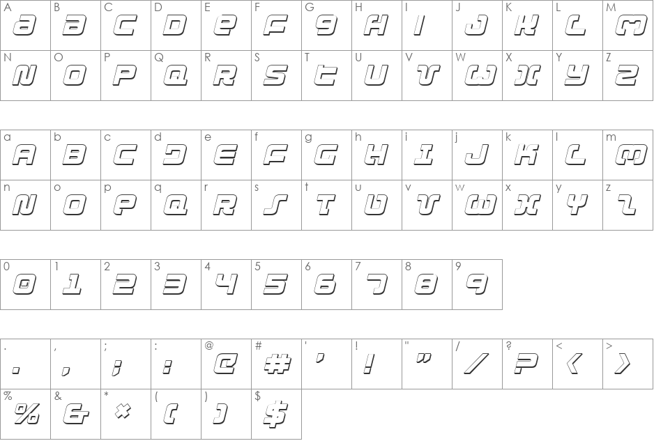 Exedore 3D Italic font character map preview