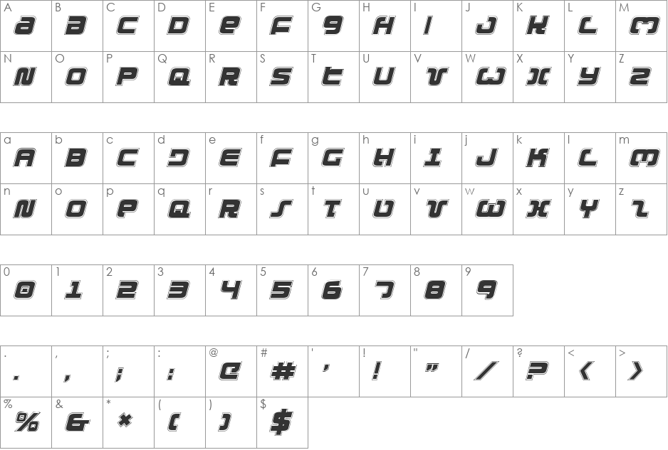 Exedore College Italic font character map preview