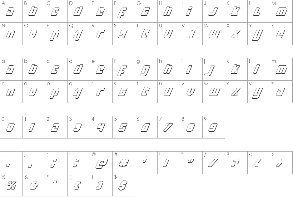 Exoplanet 3D Italic font character map preview
