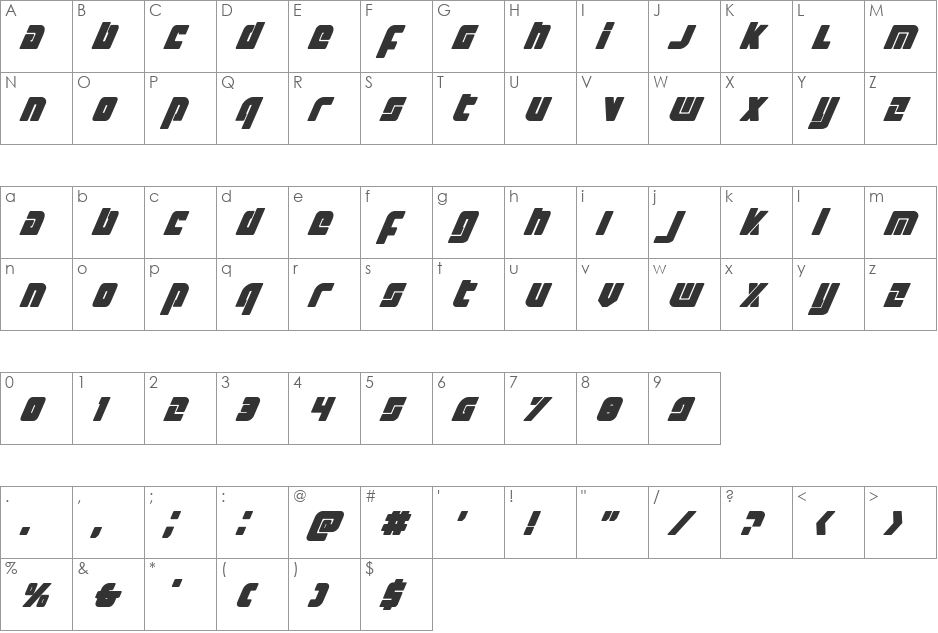 Exoplanet Italic font character map preview