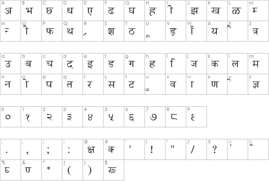 AmrHindi font character map preview