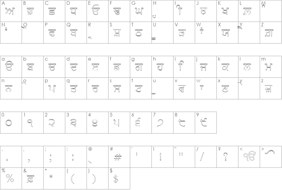 AmrOutlined font character map preview