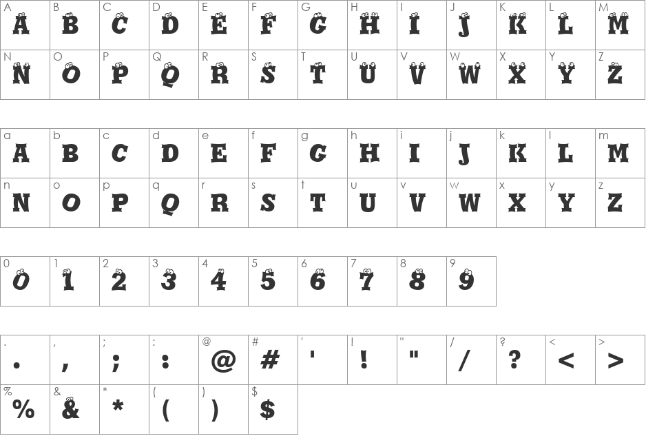 Eyeballs BT font character map preview