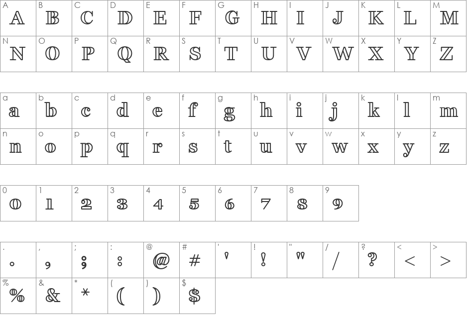 Fakedes Outline font character map preview