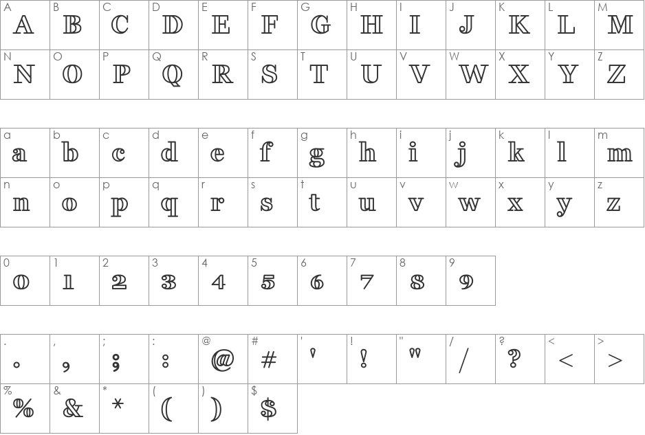 Fakedes Outline font character map preview