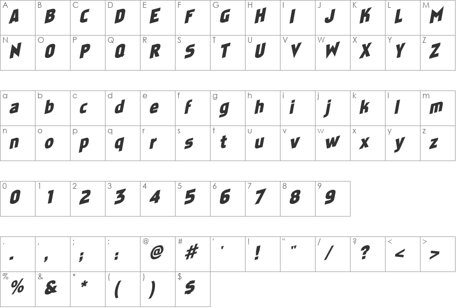 Faktosas-Slanted font character map preview