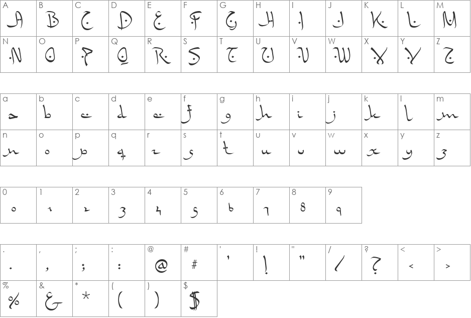 FalafelRegularSwash font character map preview