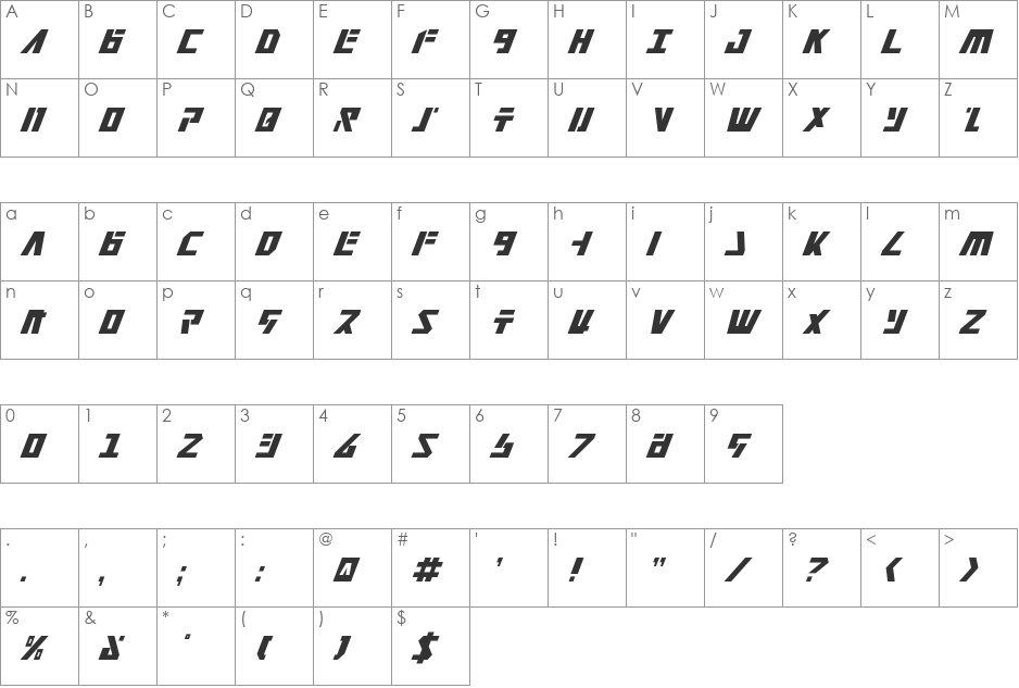 Falconhead Condensed Italic font character map preview
