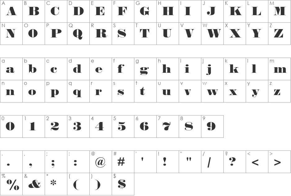 Falstaff MT Std font character map preview