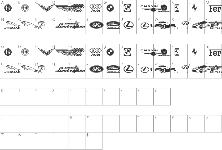 Famous Car 1 font character map preview