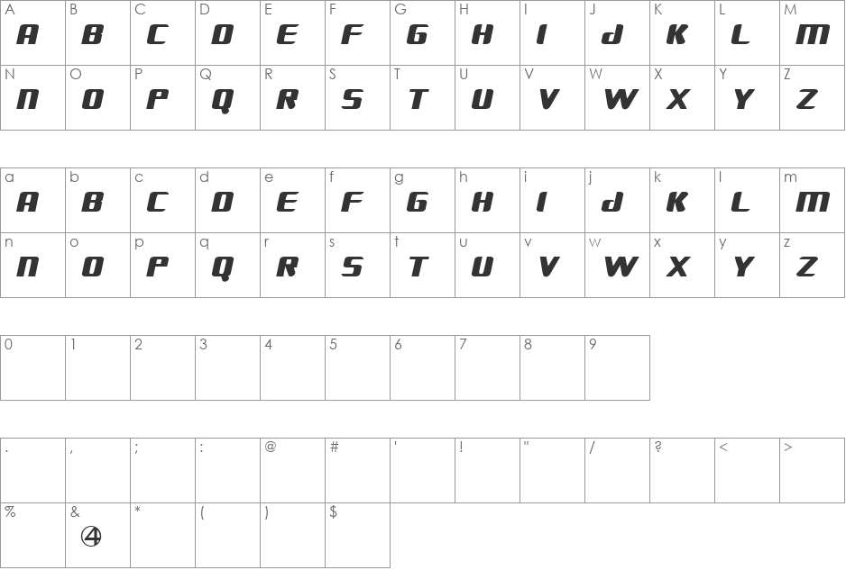 FANTASTIC FOUR MOVIE SLANT font character map preview