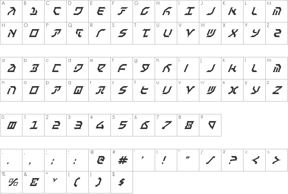 Fantazian Italic font character map preview