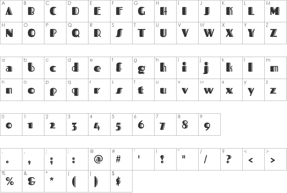 Fascinate Inline font character map preview