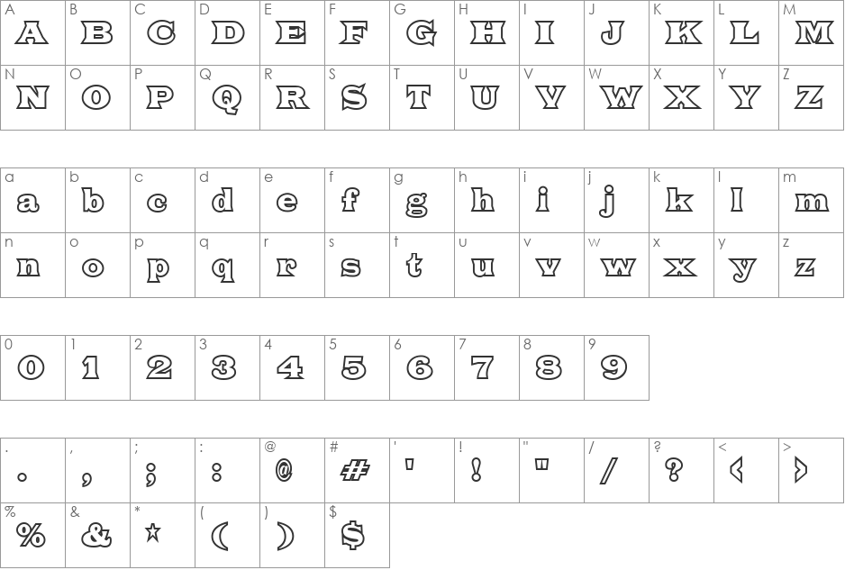 Fat Legs Outline font character map preview