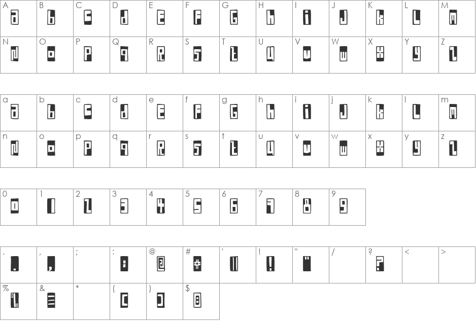 FE Box Font Negative font character map preview