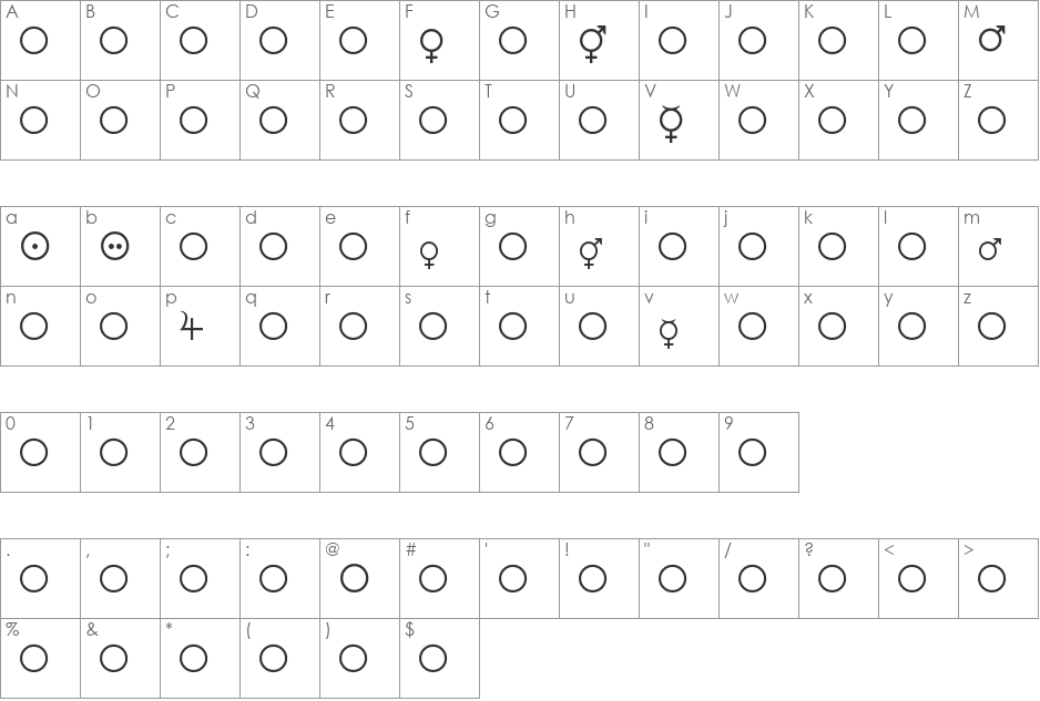 Female and Male Symbols font character map preview