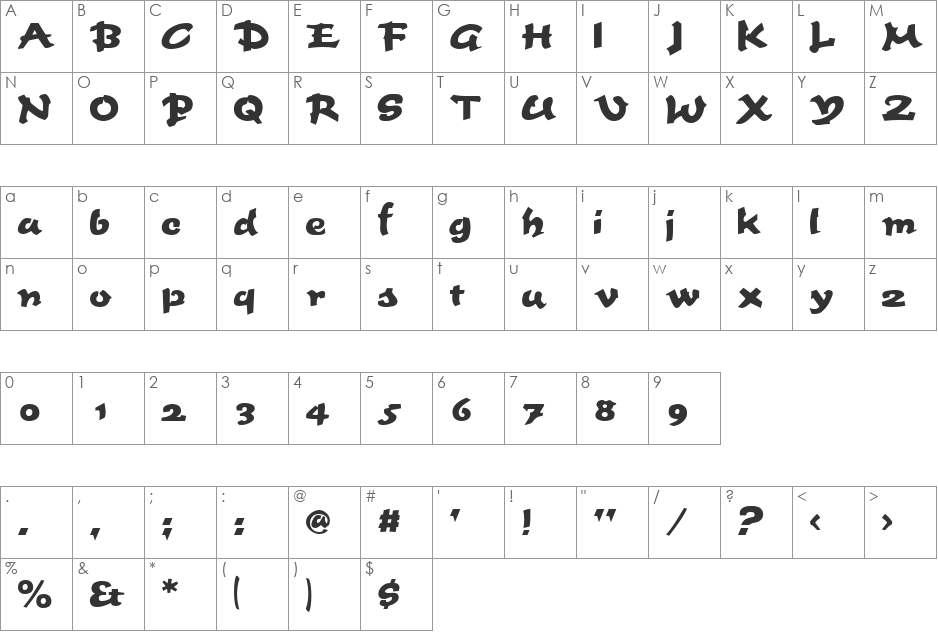 Fettash font character map preview