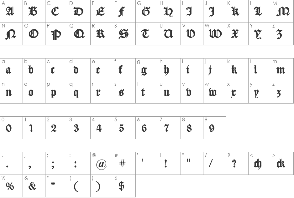 Fette Caslon Gotisch font character map preview