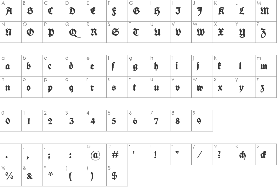 Fette deutsche Schrift font character map preview