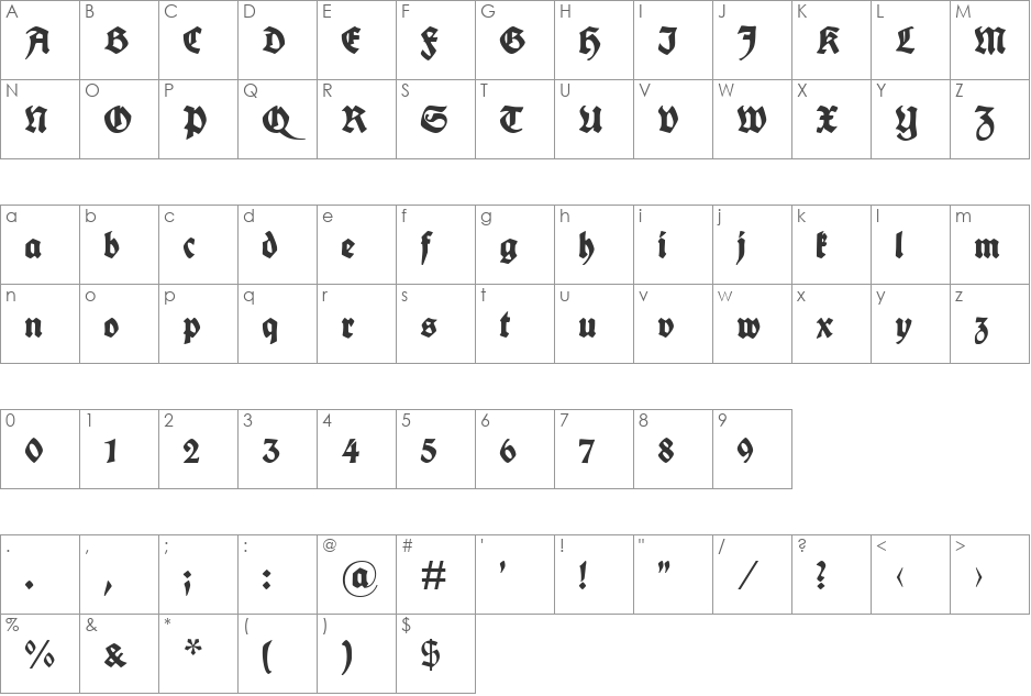 Fette deutsche Schrift UNZ1L font character map preview