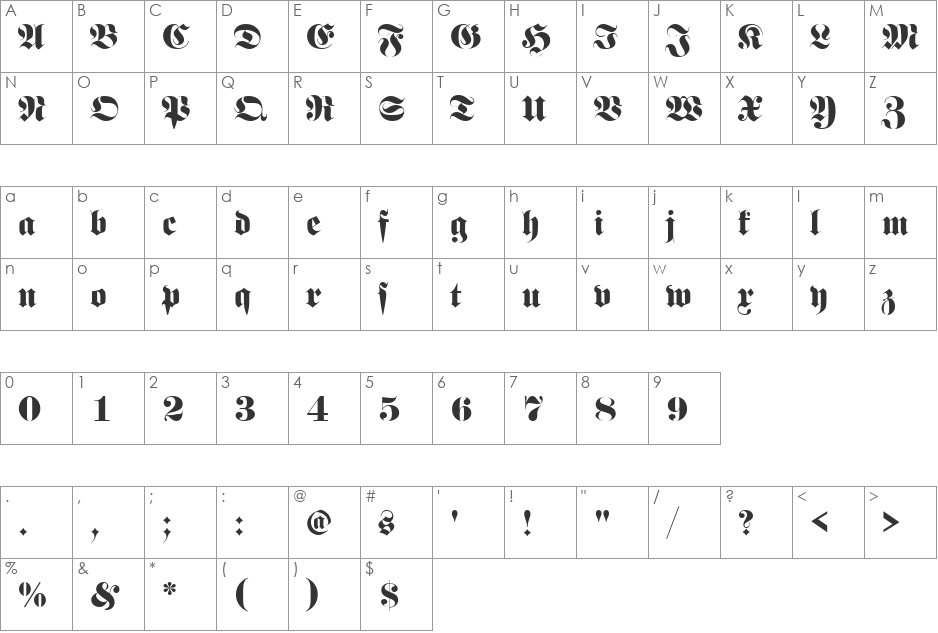 FetteFraD font character map preview