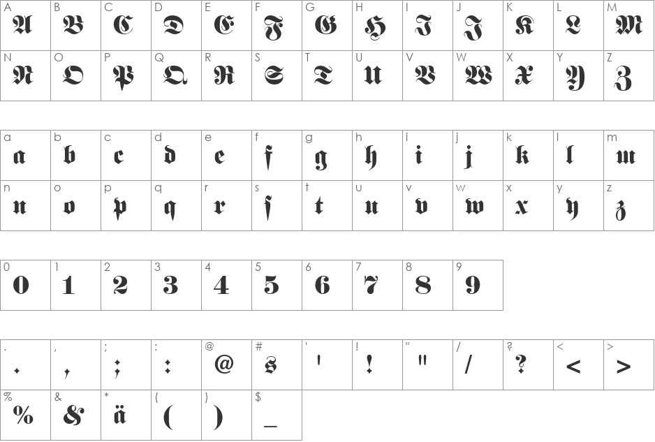 FetteFraktur LT Dfr font character map preview