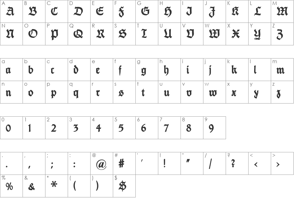 FetteThannhaeuser UNZ1 font character map preview