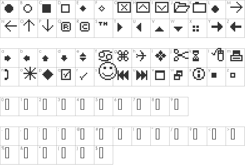 FFF Extras font character map preview