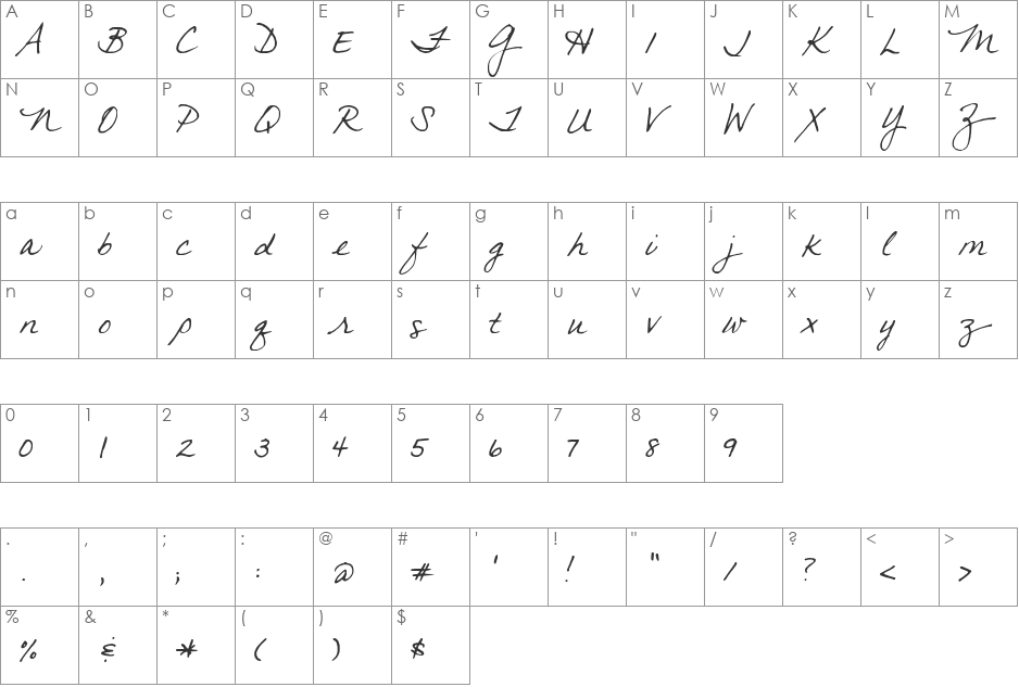 FG Jeana font character map preview